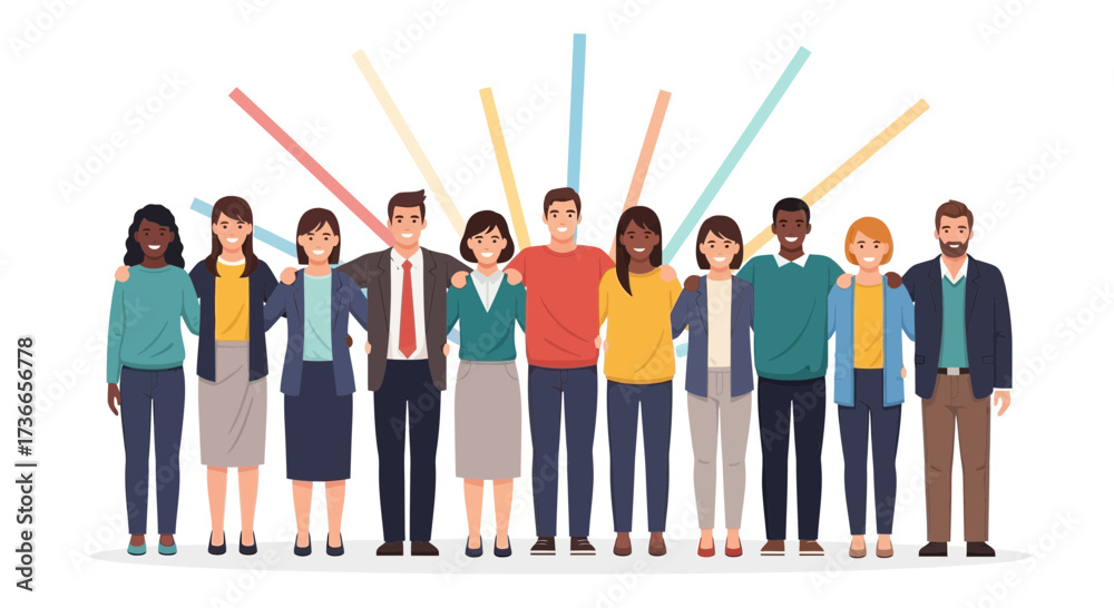Obraz premium Diverse group of people standing together with arms around each other forming a team
