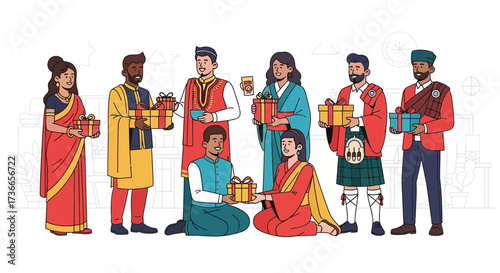Diverse Group of People Exchanging Gifts Celebrating Culture, Friendship, and Community, Illustration