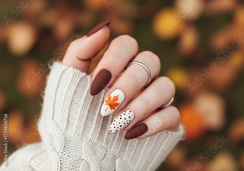 Cozy fall nails featuring autumnal accents and warm colors on a knitted sweater
