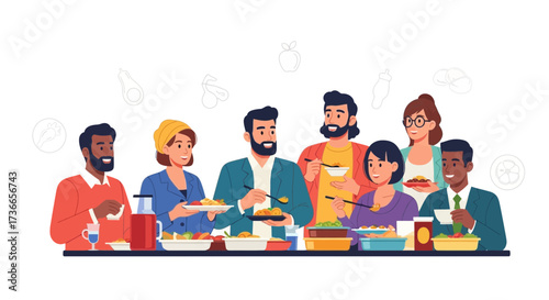 Diverse Group of People Dining Together Enjoying a Meal in a Restaurant or Cafe