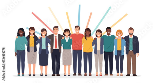 Diverse group of people standing together with arms around each other forming a team