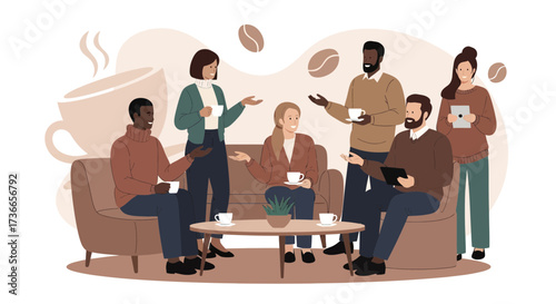 Diverse group of people enjoying coffee and socializing in a relaxed cafe setting