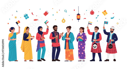 Diverse people in traditional clothing celebrating international cultures and unity no comma