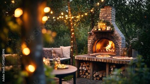 Rustic outdoor pizza oven made of stone and brick set in a cozy backyard surrounded by string lights and garden furniture The oven emits a warm glow with a freshly baked pizza inside