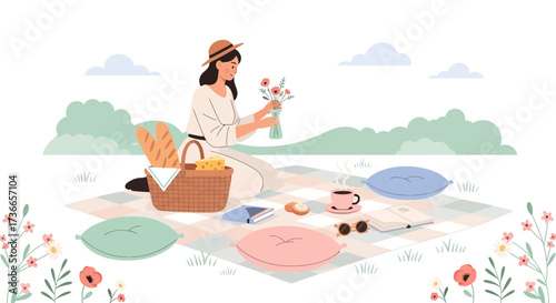 Enjoying Leisure Time: A Delightful Picnic Scene With Flowers, Food, and Reading