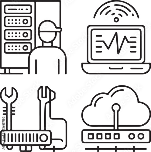 Data Center Support Outline Icons Server Cabinet, IT Technician, Laptop, Tools, Cable, and Cloud Storage
