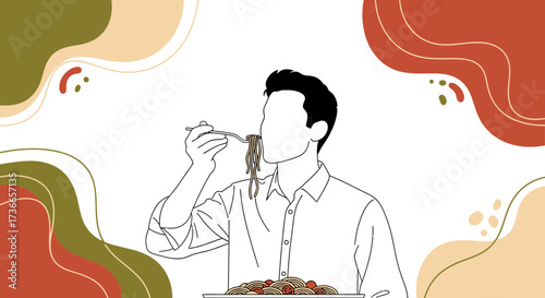 Enjoying Pasta: Minimalist Illustration Featuring Man Eating Spaghetti With Decorative Elements
