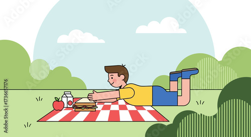 Enjoying Relaxing Time At Picnic with Sandwich and Fresh Apple Illustration