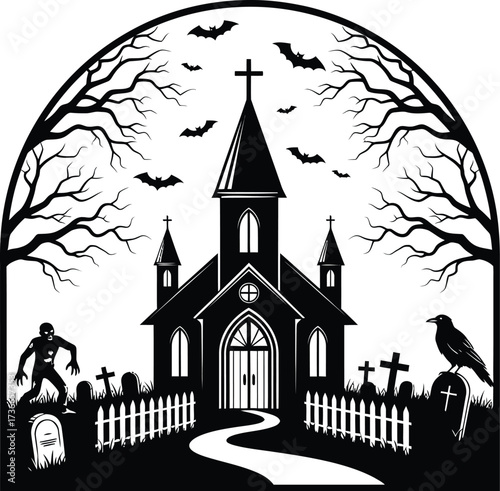 Spooky halloween church scene with zombie crow bats and tombstones in black art