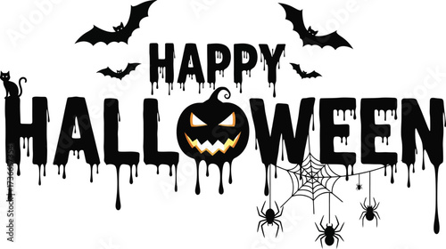 Spooky happy halloween design with bats cat pumpkin spiders and dripping text