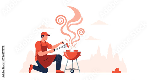 Enthusiastic Chef Grilling Sausages Outdoors On a Sunny Day Preparing Delicious Food