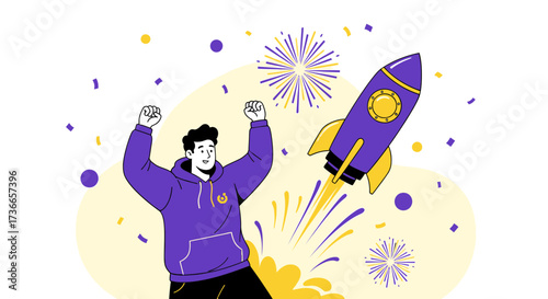 Enthusiastic Individual Celebrates Rocket Launch, Success, and Innovation Concept