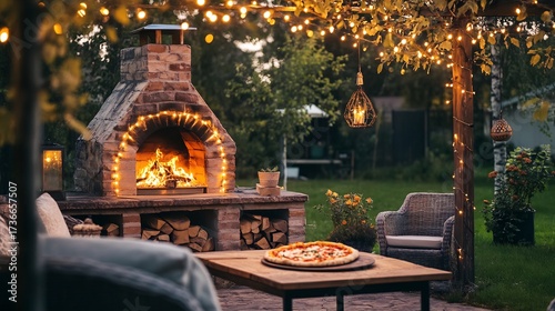 Rustic outdoor pizza oven made of stone and brick set in a cozy backyard surrounded by string lights and garden furniture The oven emits a warm glow with a freshly baked pizza inside