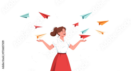 Enthusiastic Young Woman Juggling Colorful Paper Airplanes With Joyful Expression