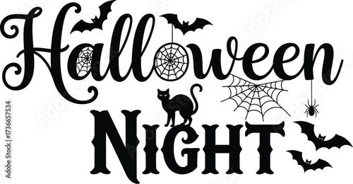 Spooky halloween night design with bats spiderwebs and a black cat silhouette