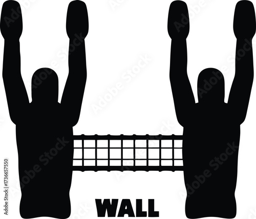 Silhouette two volleyball players blocking over a net with text vector