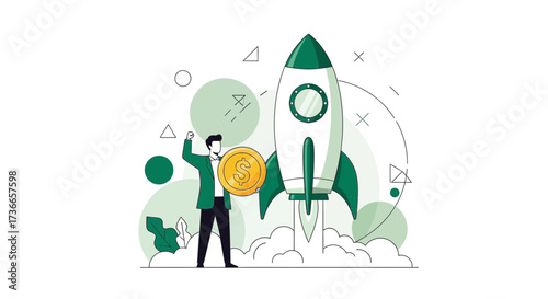 Entrepreneur Celebrating Success With Rocket Launch and Monetary Rewards Reaching Goals