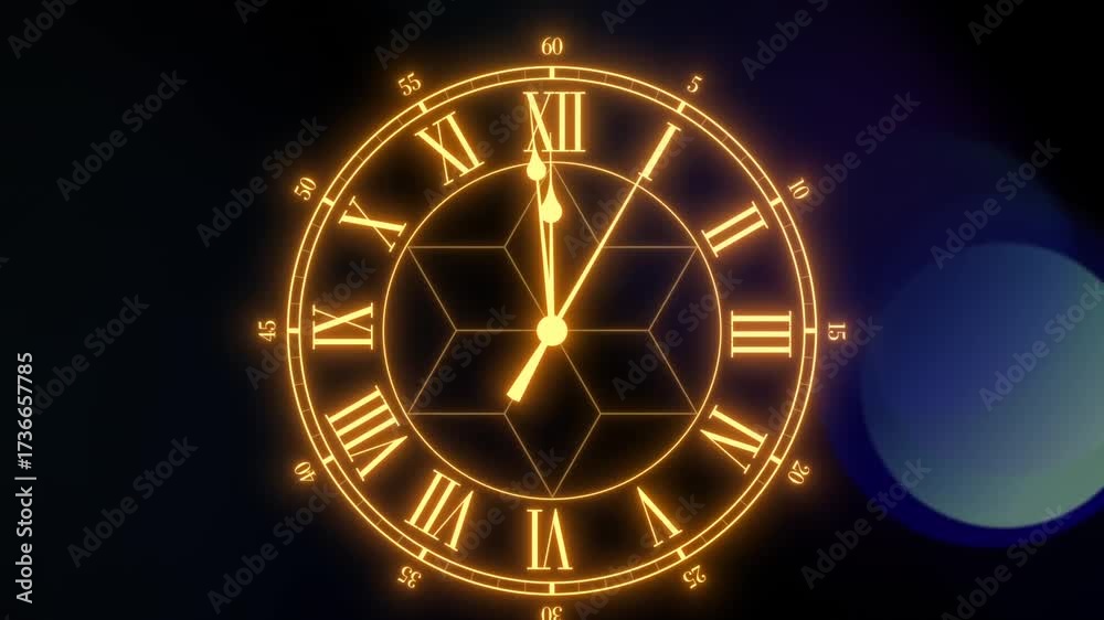 60 second countdown clock to midnight. Zoom animation with centered, analog, classic clock face.