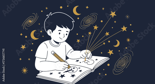 Dreamy Illustration Of A Child Drawing Stars And Galaxies On A Dark Background