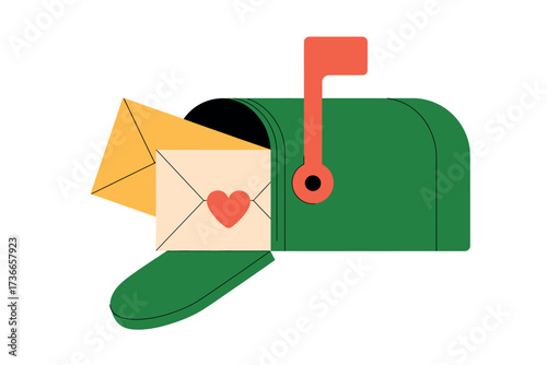 A green mailbox with a red flag and letters with a heart on white back