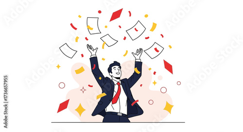 Excited Businessman Celebrating Success With Colorful Paper Confetti In The Air