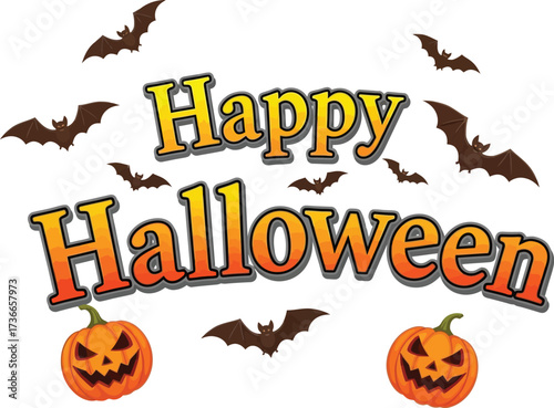 Happy halloween text with pumpkins and bats on a white background illustration