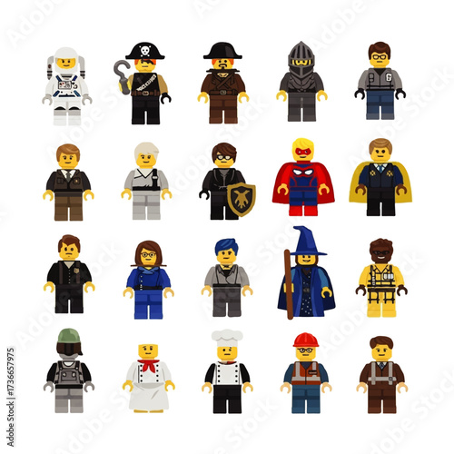 An inspiring grid of colorful miniature plastic figures, showcasing diverse professions, historical characters, and fantasy roles, isolated on a bright white studio background