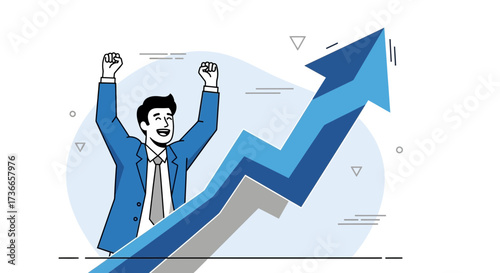Excited Businessman Celebrating Success with Upward Arrow, Achievement Concept Illustration