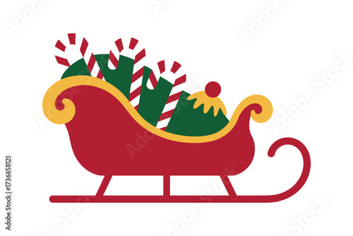 A red christmas sleigh filled with green gifts and candy canes image