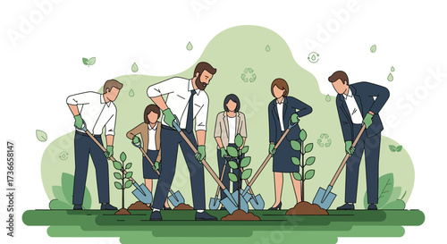 Eco-conscious business team planting trees together to promote environmental sustainability