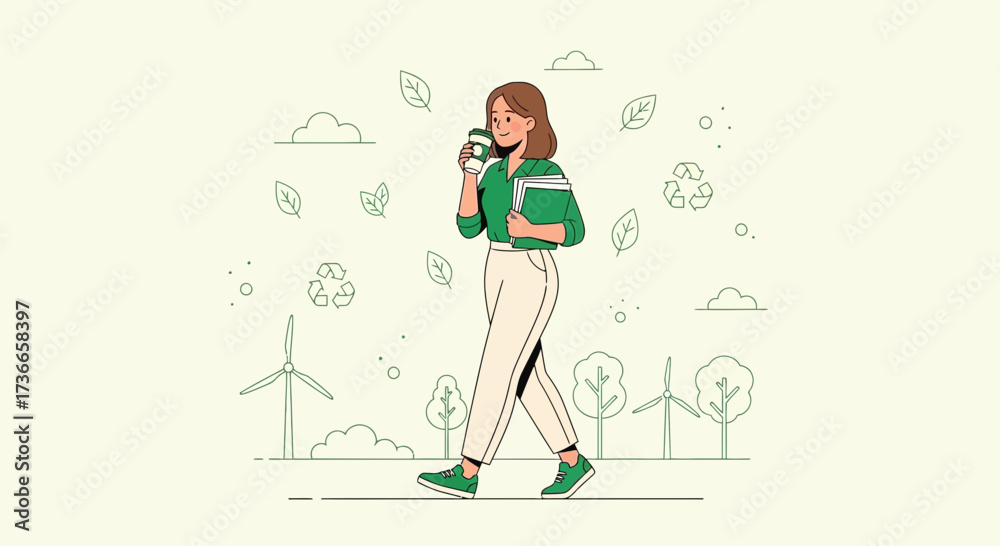 Fototapeta premium Eco-conscious woman walking with coffee and books near wind turbines in a cartoon illustration