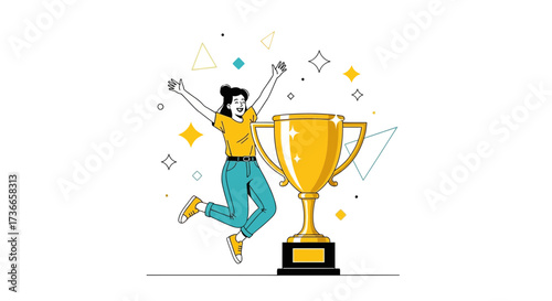 Excited Woman Celebrates Achievement Next To A Large Golden Trophy On White Background Illustration