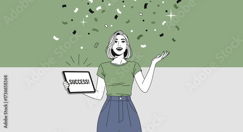 Excited Woman Celebrating With Confetti After Tablet Shows The Word Success