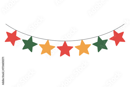 A colorful star garland hanging against a plain white background space