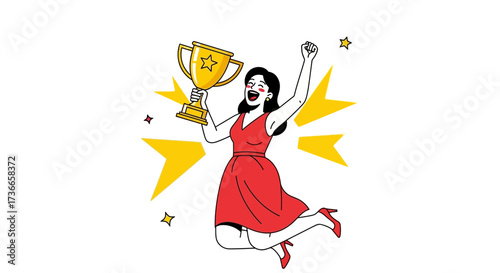 Excited Woman Celebrating Victory With Golden Trophy and Joyful Energy