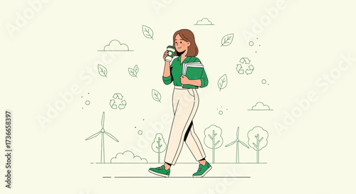 Eco-conscious woman walking with coffee and books near wind turbines in a cartoon illustration