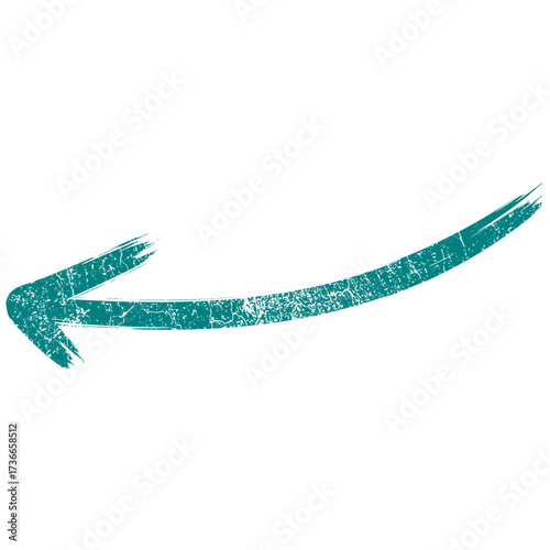 Distressed teal brushstroke arrow curving left on a clean white background, indicating direction or return.