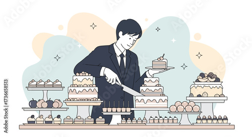 Expert Confectioner Prepares Cake Slices, Presenting a Delicious and Exquisite Selection