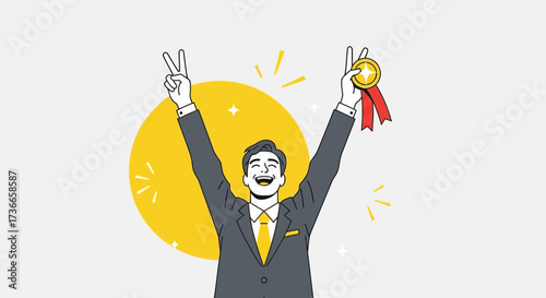 Exuberant Person Reaching Victory Celebration With Medal Earned and Raised Arms