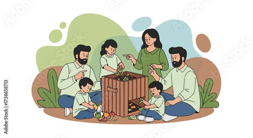 Family Composting Together in a Garden with Fruits and Vegetables Preparing Compost