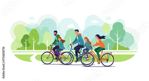 Family cycling in the park, enjoying a pleasant day together with bicycles