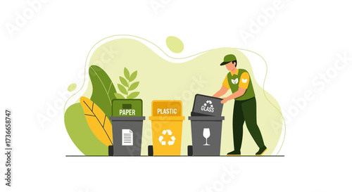 Eco-Friendly Waste Management and Recycling Process with a Worker and Trash Bins