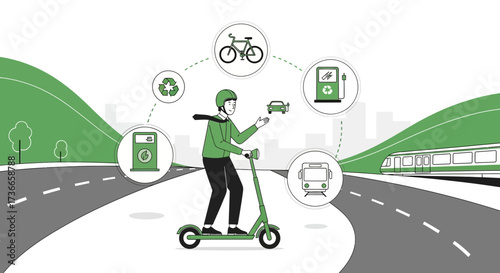 Eco-friendly transportation concept with a person riding an e-scooter illustration