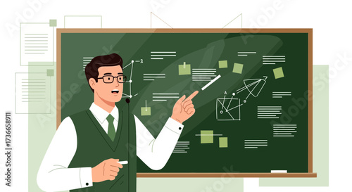 Educator Presenting Concepts On Chalkboard With Diagrams And Green Accents