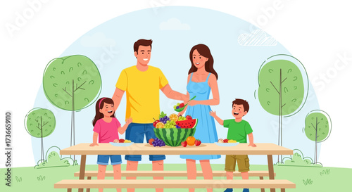 Family Enjoying Summertime Picnic, Eating Fresh Fruits with Happy Smiling Faces