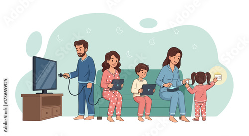 Family enjoying technology and disconnecting from their devices in a relaxing cozy scene