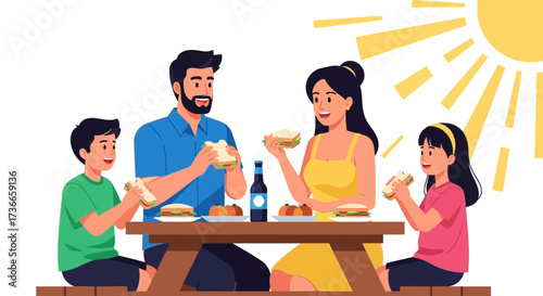Family Enjoys Picnic And Sunlight, Sharing Sandwich Delights For Outdoor Day Time Fun