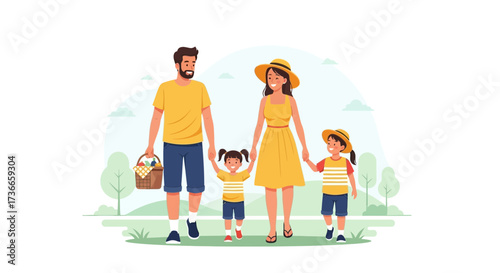 Family Outing: Cheerful Illustration Of A Pleasant Holiday Spent Outdoors Together Indeed