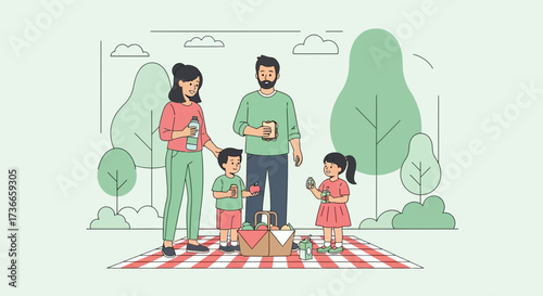 Family Outing Enjoying Lunch And Drinks On A Blanket In Colorful Green Park