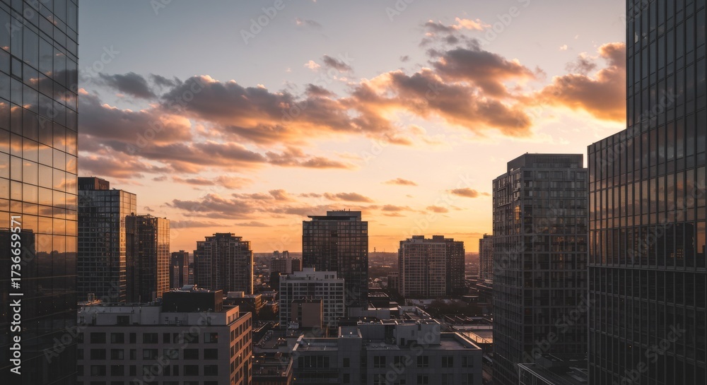 Fototapeta premium Clouds over City Skyline with Light Reflections, Cozy Warm Atmosphere, Golden Hour Lighting